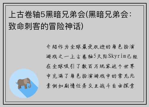 上古卷轴5黑暗兄弟会(黑暗兄弟会：致命刺客的冒险神话)